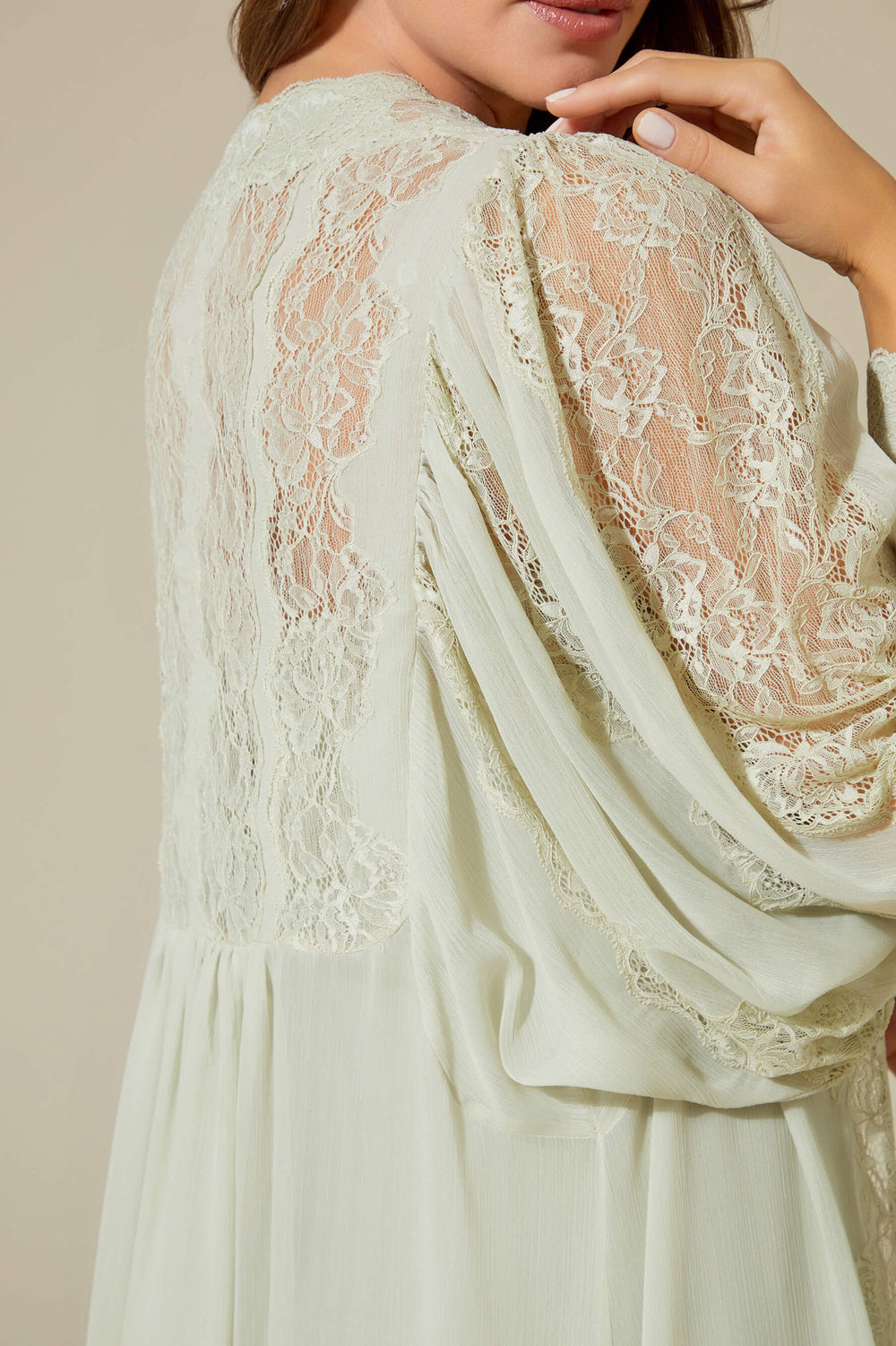 Carina Long Silk Chiffon Robe Set Sage Green Lace On Sage Green Sage Green Silk — Bocan Couture luxury nightwear, look 3