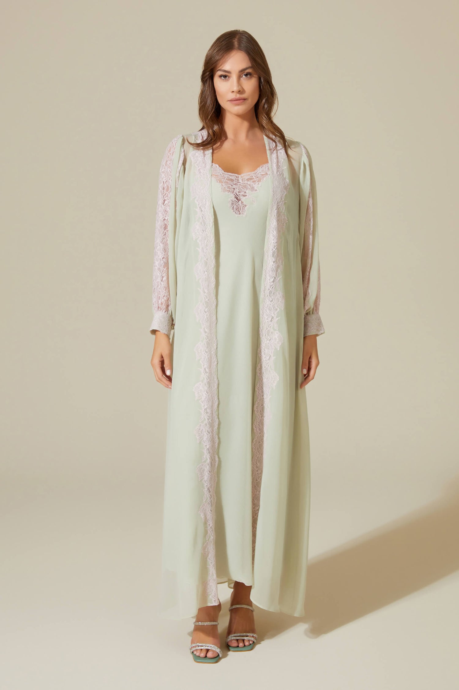 Carina Long Silk Chiffon Robe Set - Pink Lace on Sage Green