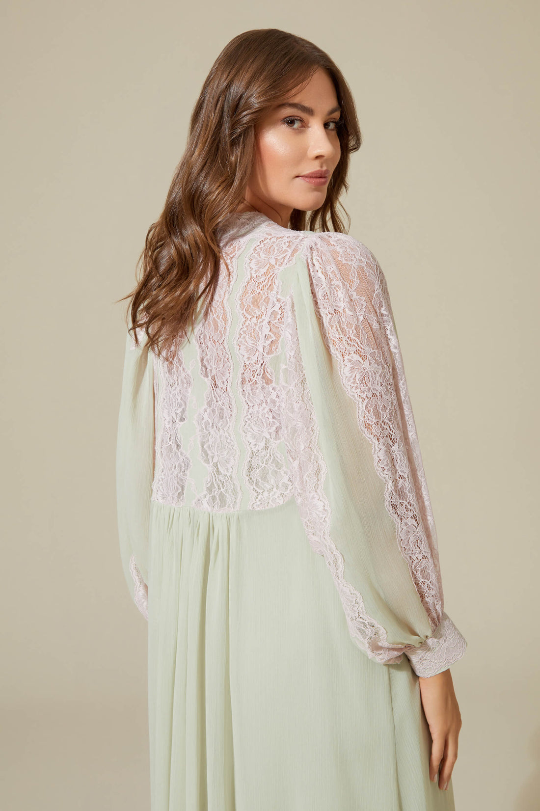 Carina Long Silk Chiffon Robe Set Pink Lace On Sage Green Sage Green Silk — Bocan Couture luxury nightwear, look 5