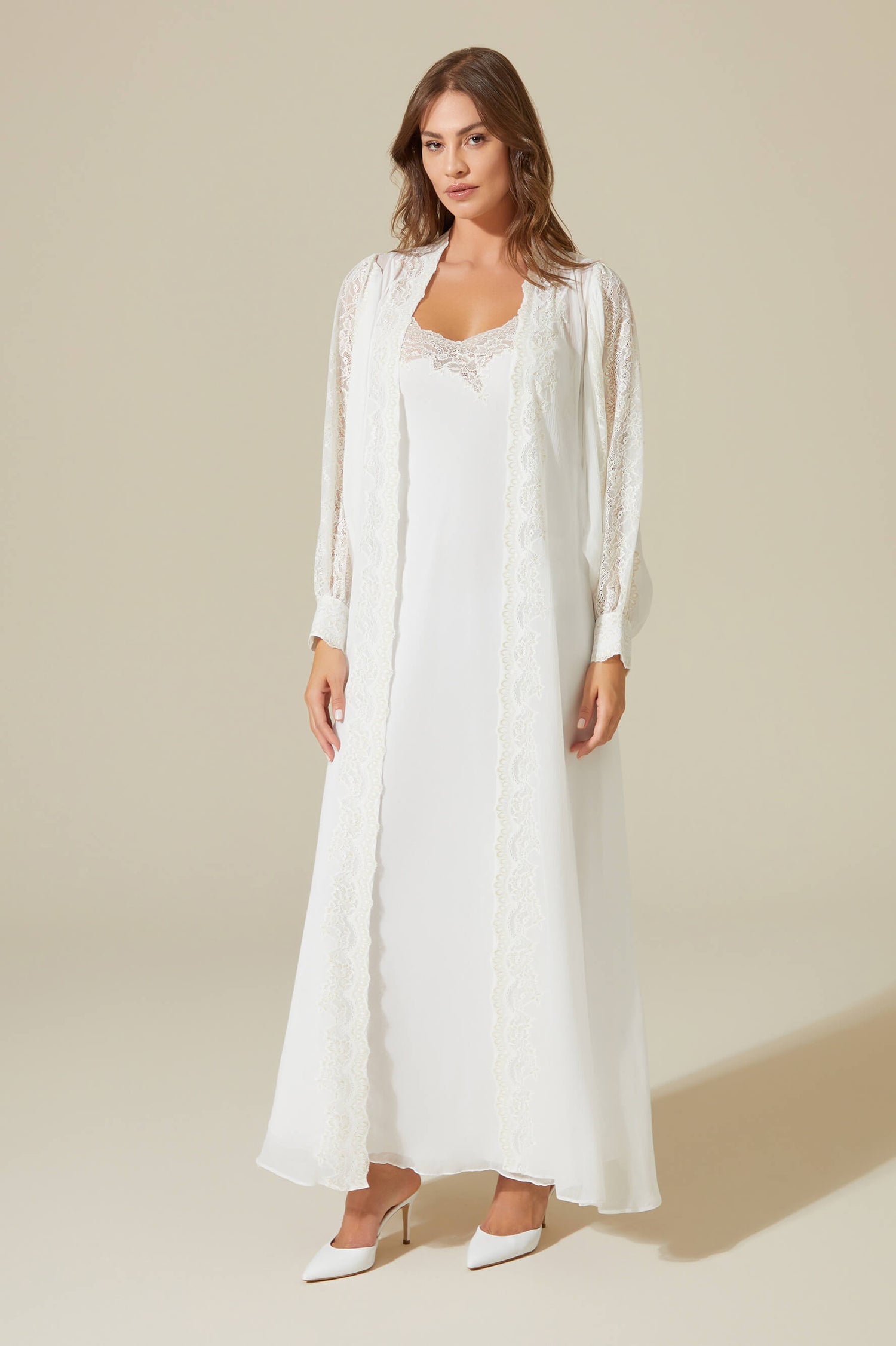 Ora - Long Silk Chiffon Robe Set - Golden Lace detail on White