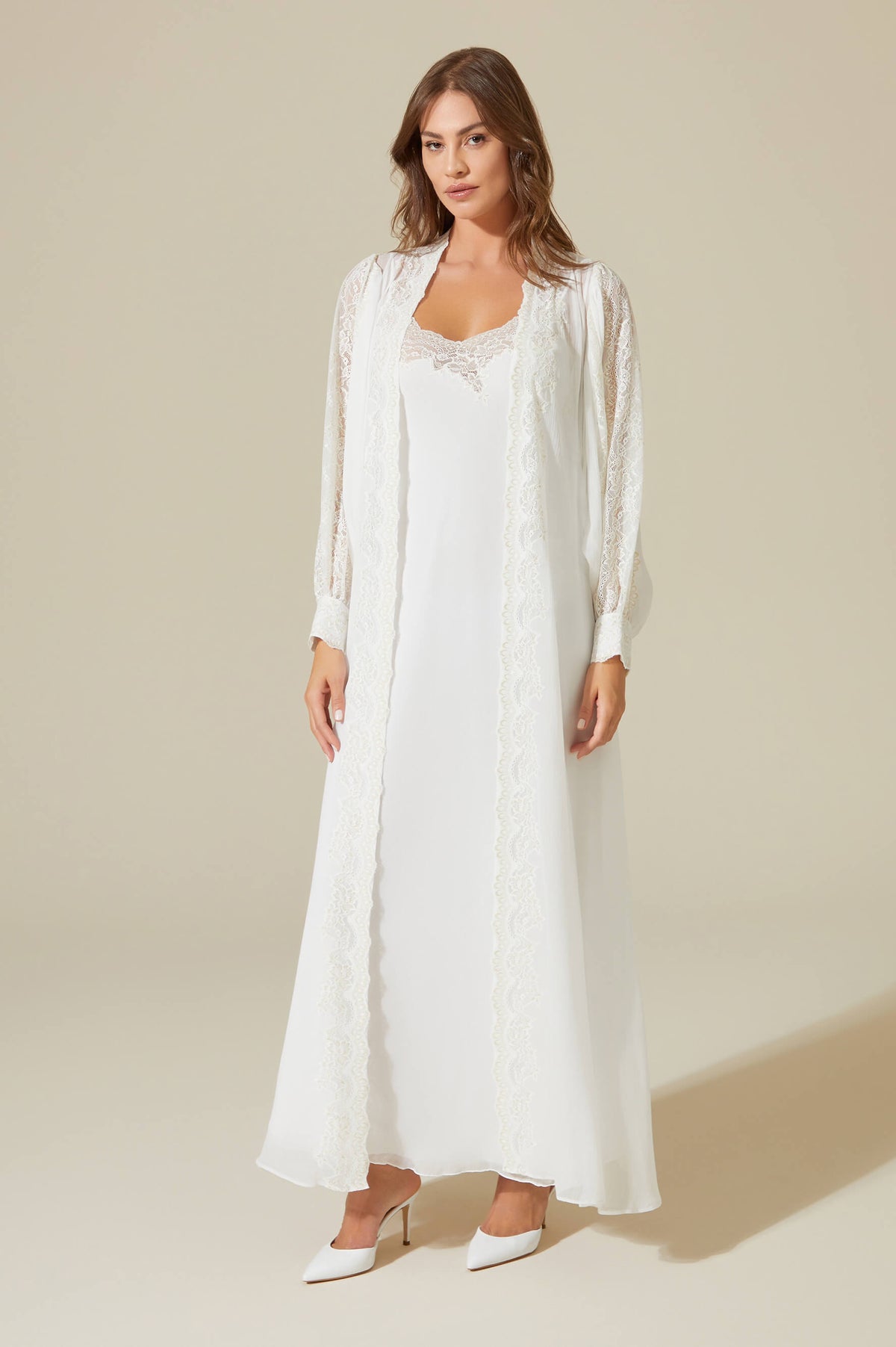 Chiffon Robe Long Ora Silky Robe Set White | Bocan Couture