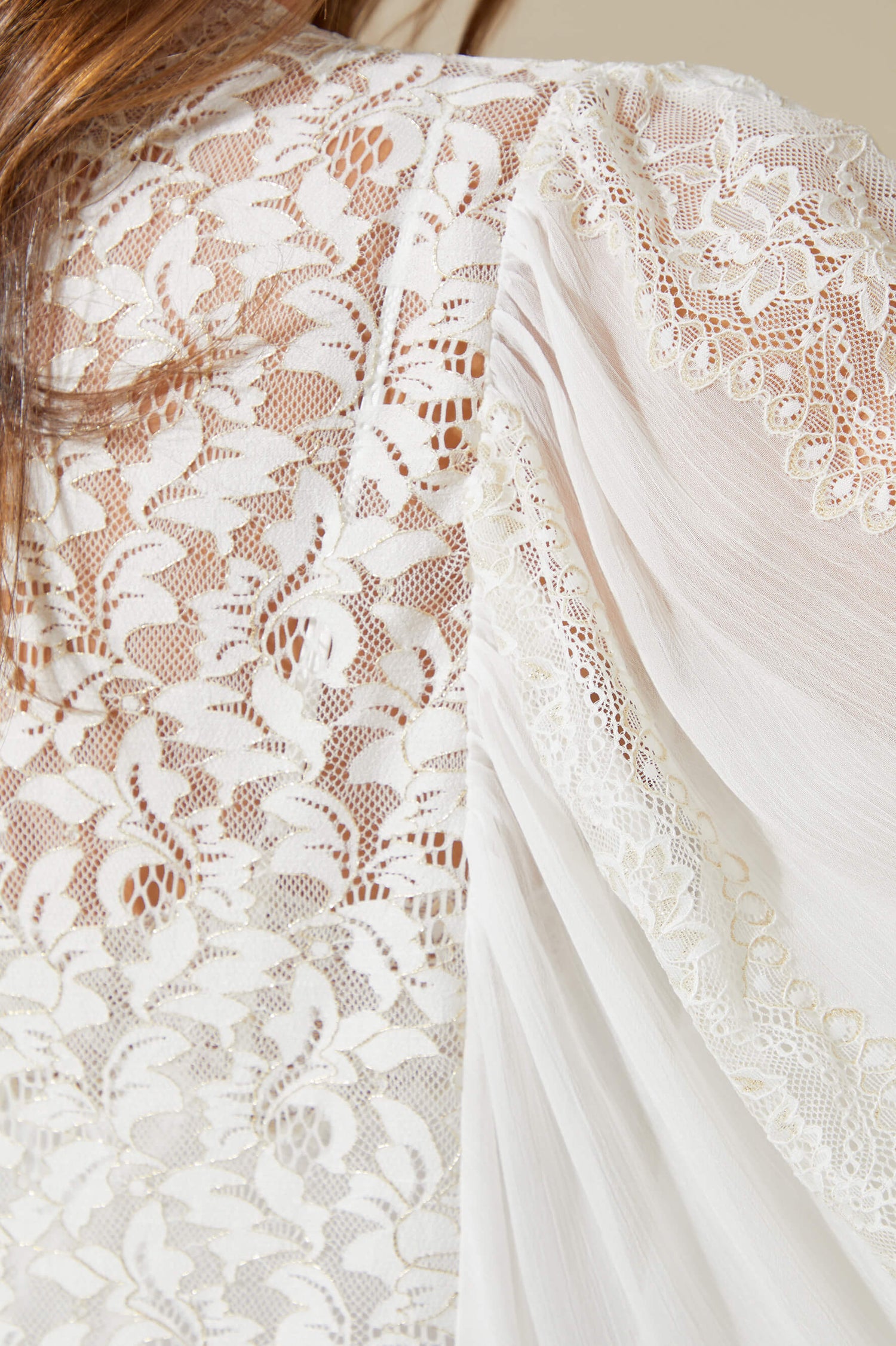 Miss Ora - Long Silk Chiffon Robe Set - Golden Lace detail on White