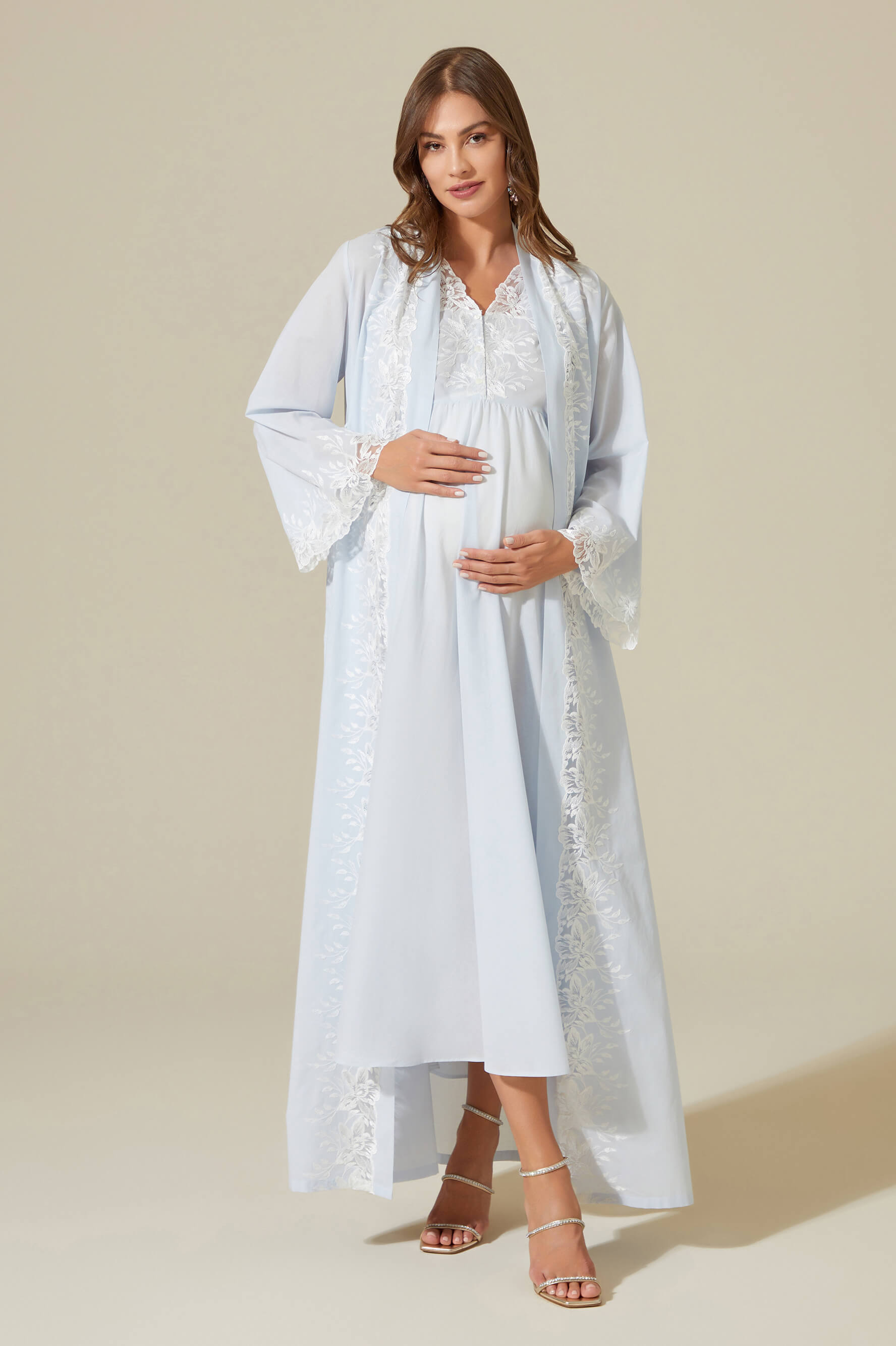 Maia-Trimmed Cotton Voile Long Sleeve Robe Set - Baby Blue