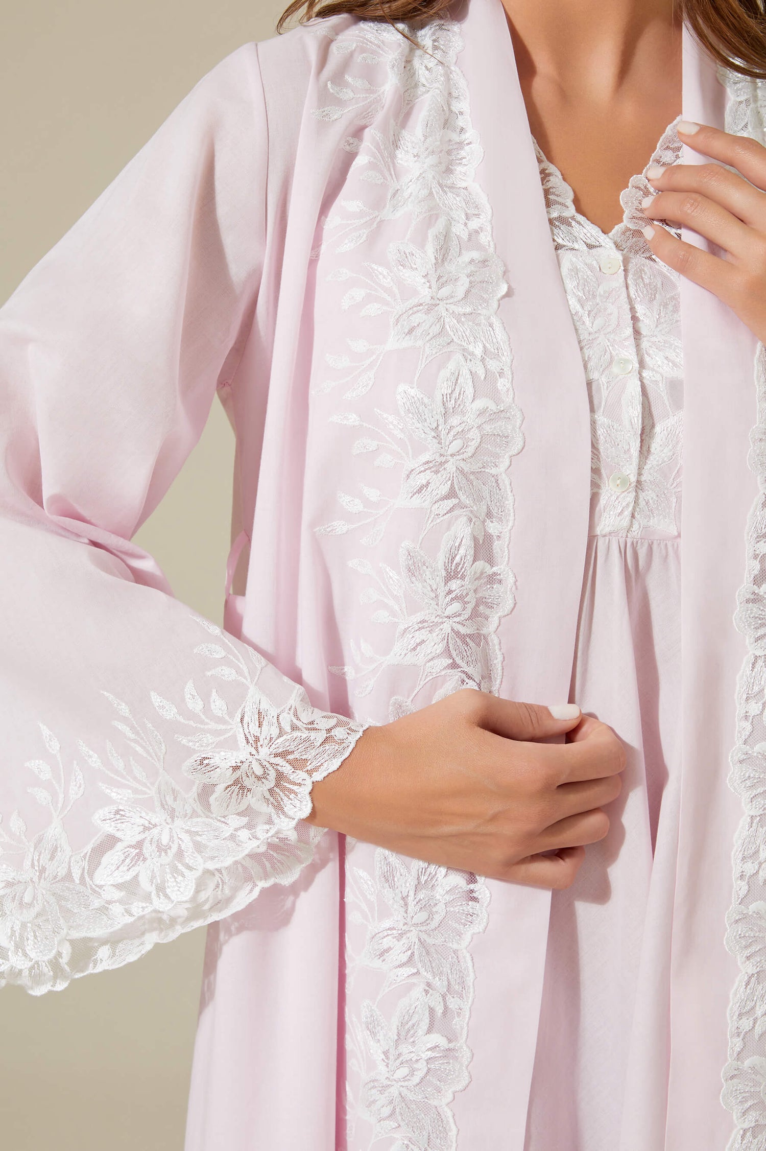Maia-Trimmed Cotton Voile Long Sleeve Robe Set - Baby Pink