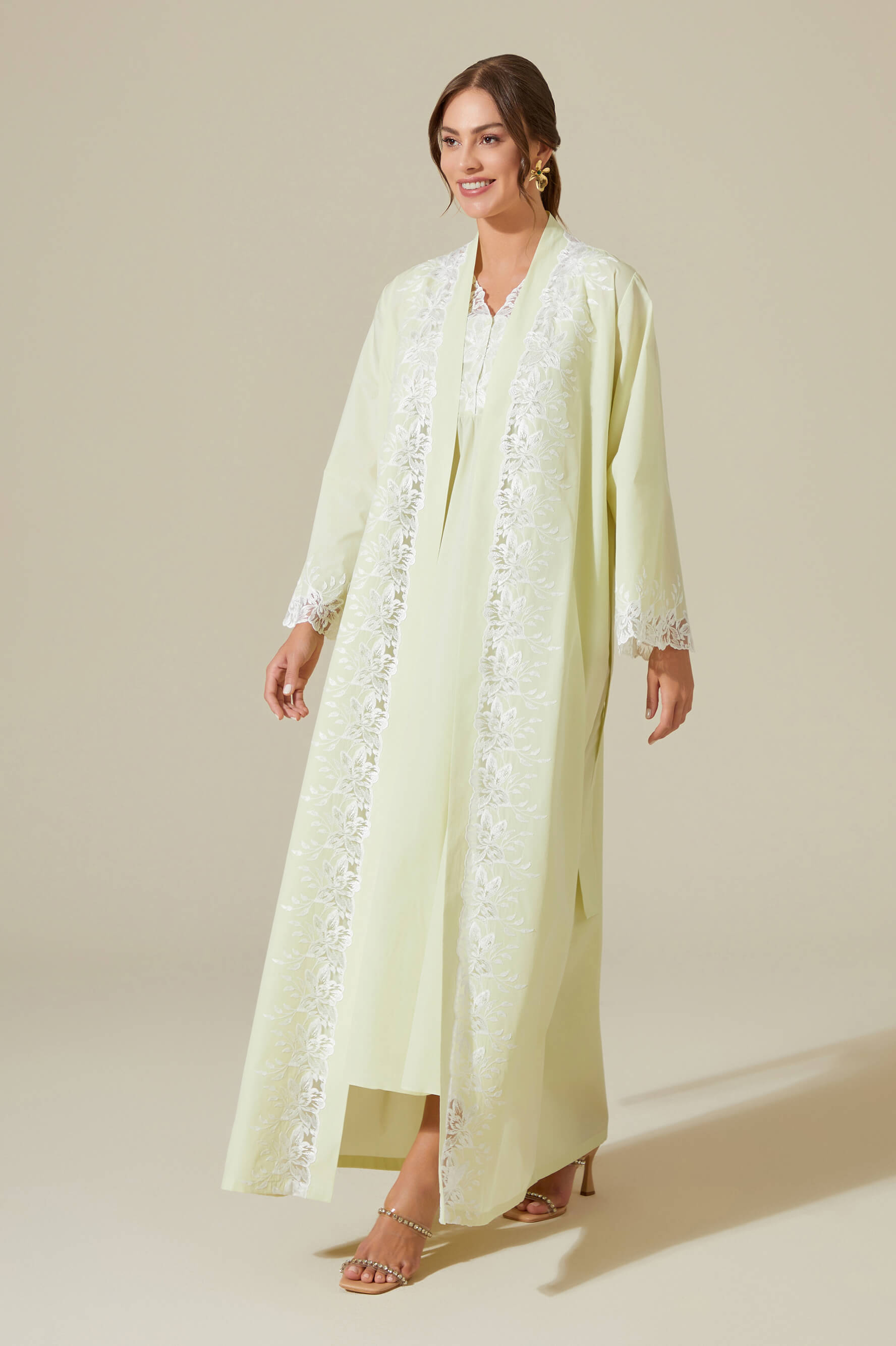 Maia - Trimmed Cotton Voile Long Sleeve Robe Set - Light Green