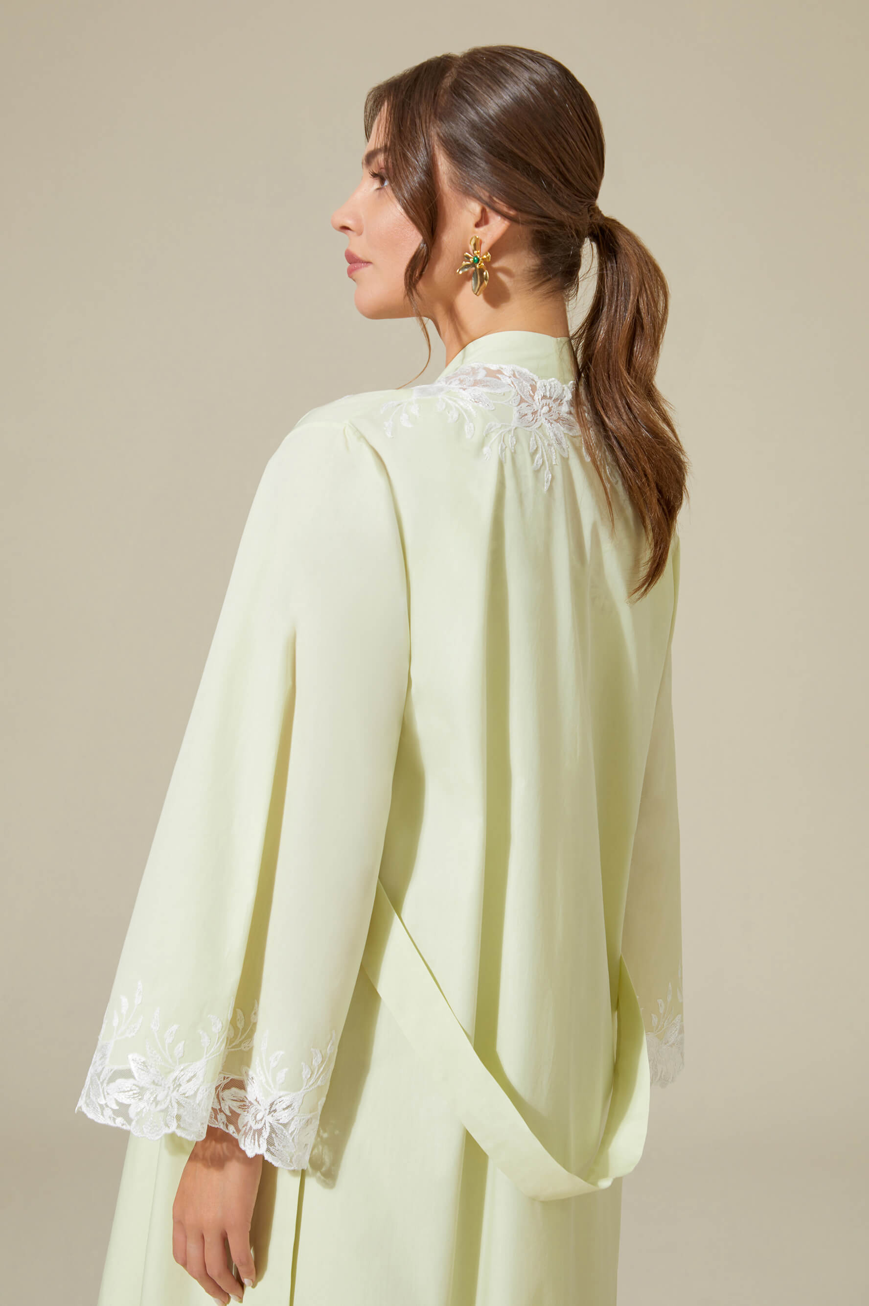 Maia - Trimmed Cotton Voile Long Sleeve Robe Set - Light Green