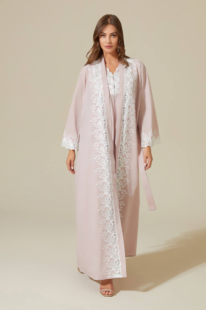 Maia - Trimmed Cotton Voile Long Sleeve Robe Set - Powder