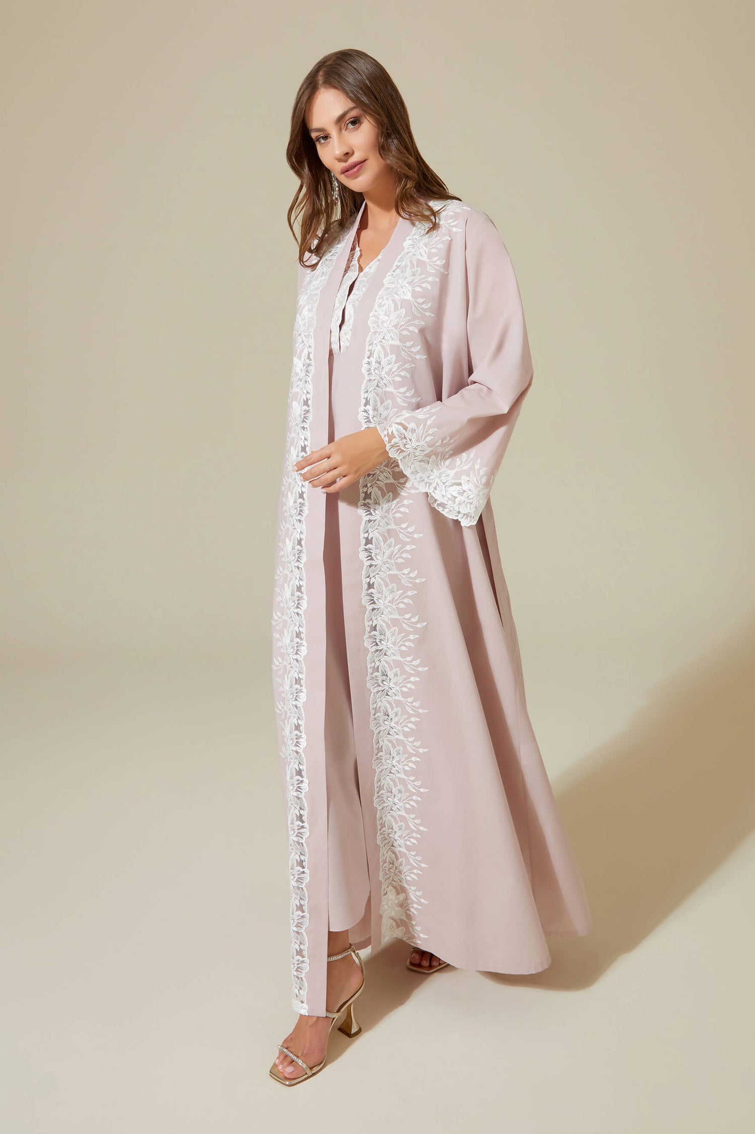 Maia - Trimmed Cotton Voile Long Sleeve Robe Set - Powder