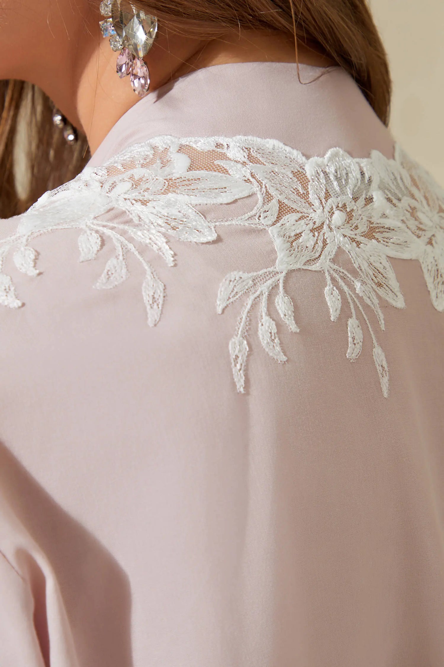 Maia - Trimmed Cotton Voile Long Sleeve Robe Set - Powder