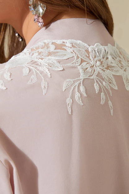 Maia - Trimmed Cotton Voile Long Sleeve Robe Set - Powder