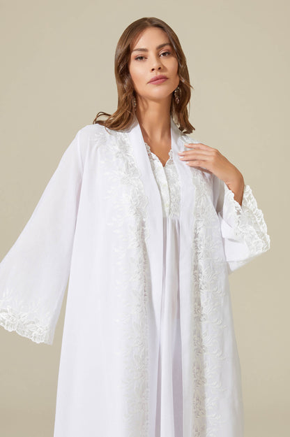 Maia - Trimmed Cotton Voile Long Sleeve Robe Set - Off White