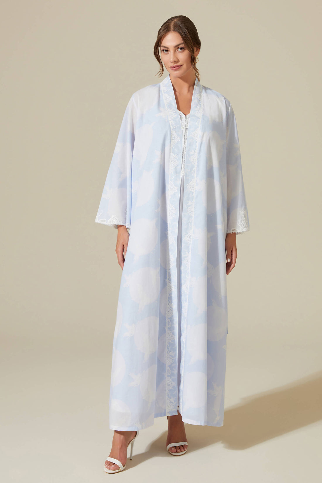 Lea - Trimmed Cotton Voile Long Sleeve Robe Set - Baby Blue