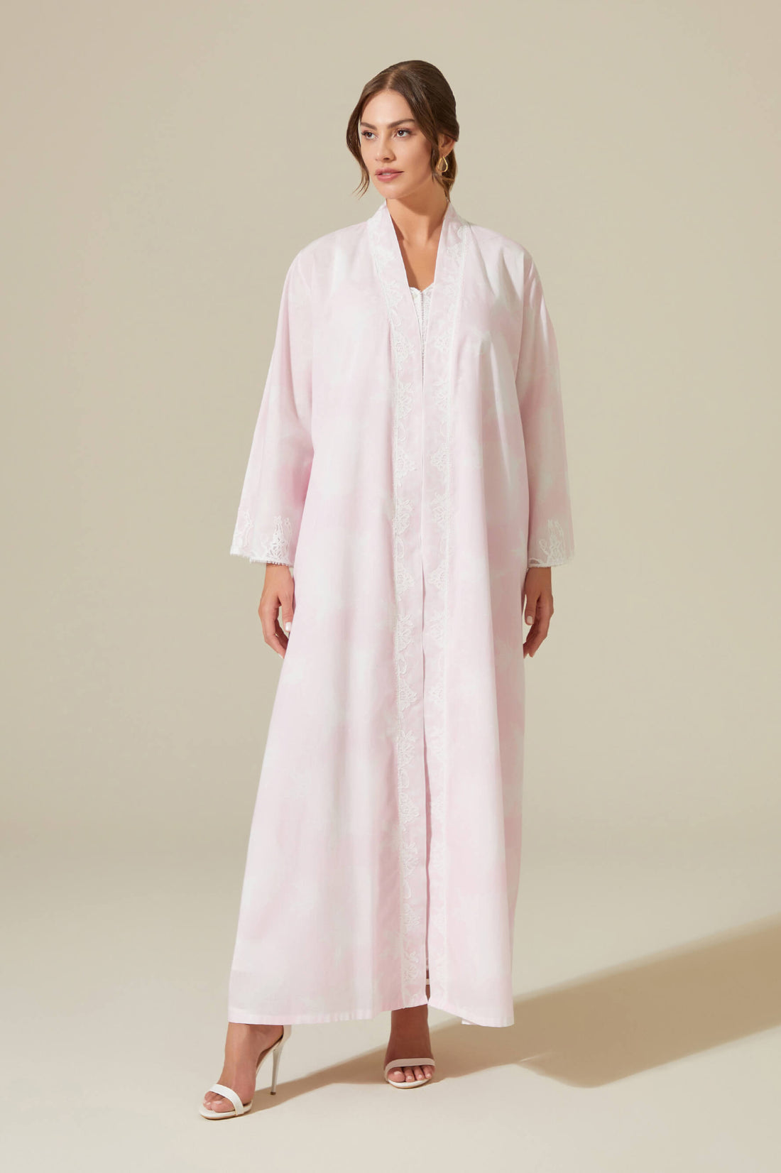 Lea - Trimmed Cotton Voile Long Sleeve Robe Set - Baby Pink