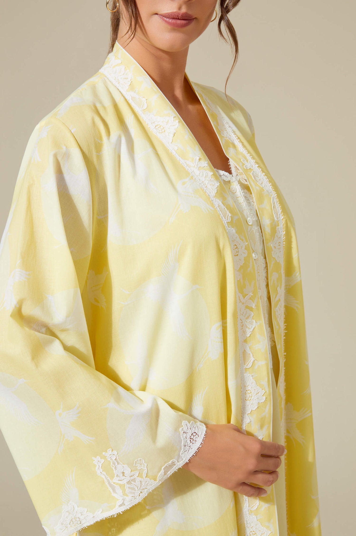Lea - Trimmed Cotton Voile Long Sleeve Robe Set - Baby Yellow
