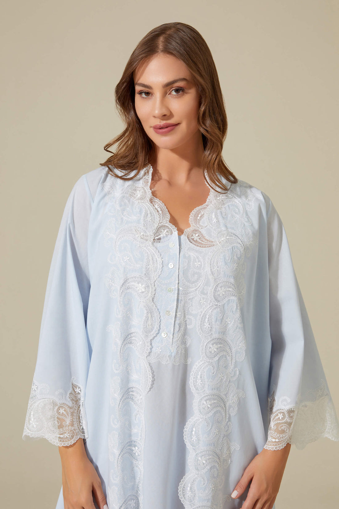 Grace - Trimmed Cotton Voile Long Sleeve Robe Set - Baby Blue