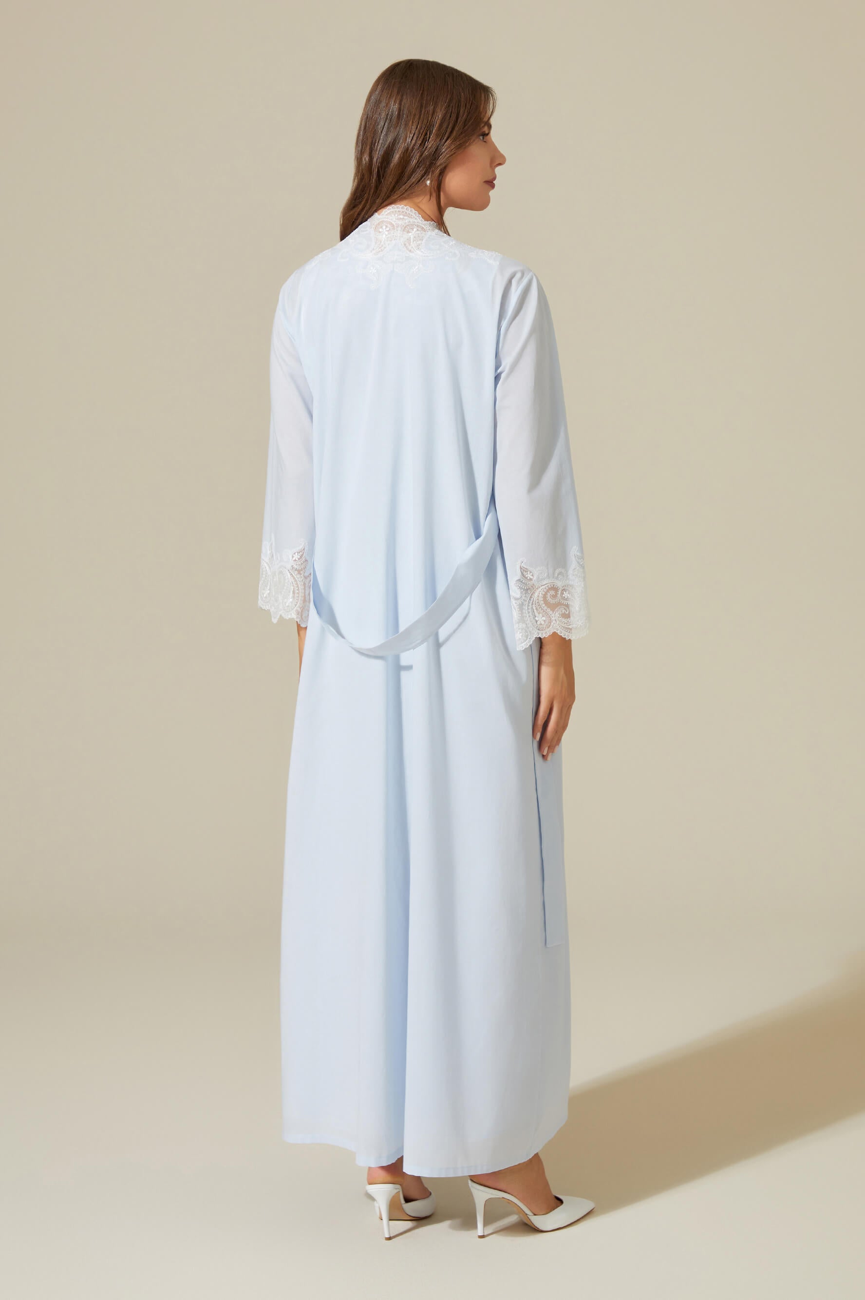 Grace - Trimmed Cotton Voile Long Sleeve Robe Set - Baby Blue