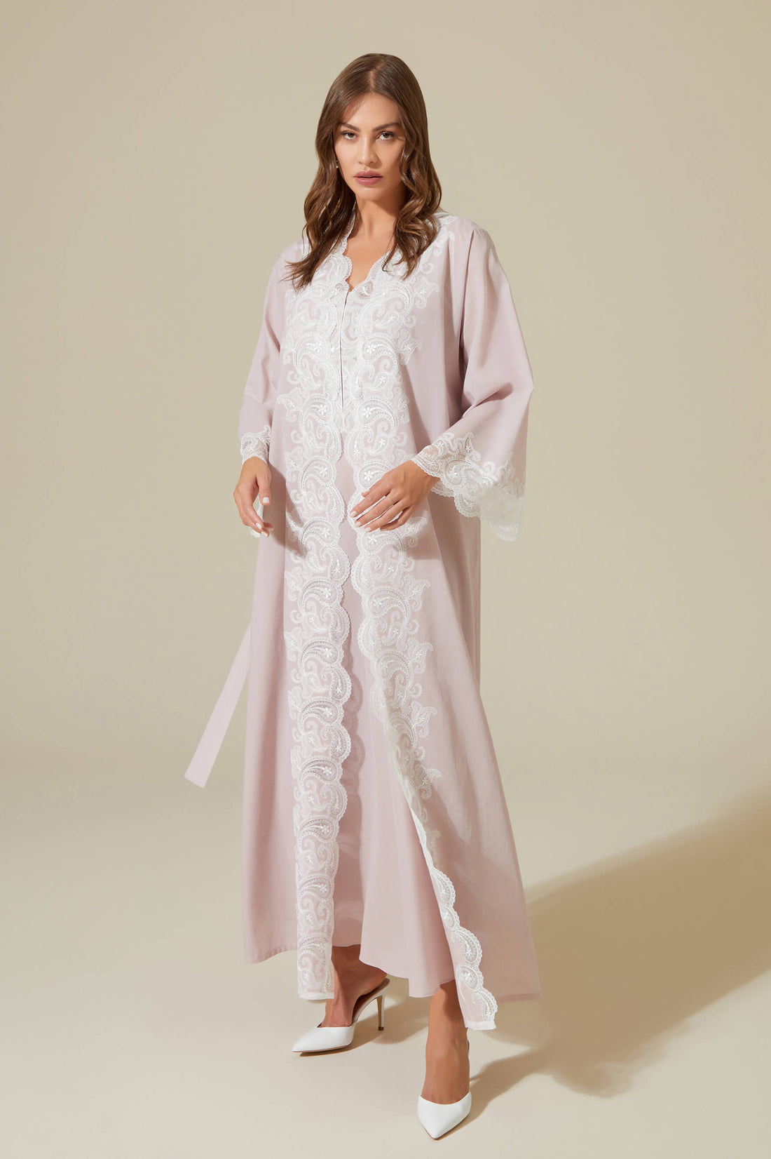 Grace - Trimmed Cotton Voile Long Sleeve Robe Set - Powder