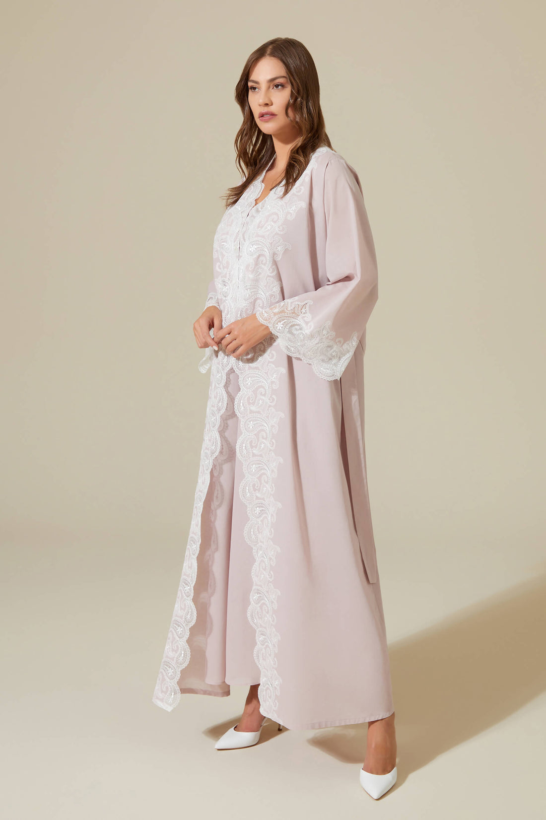 Grace - Trimmed Cotton Voile Long Sleeve Robe Set - Powder