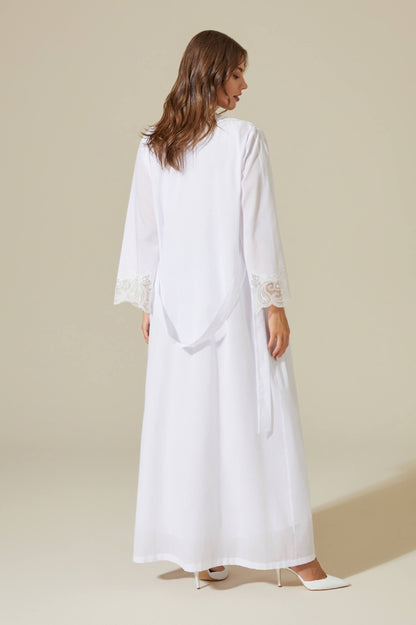 Grace - Trimmed Cotton Voile Long Sleeve Robe Set - Off White