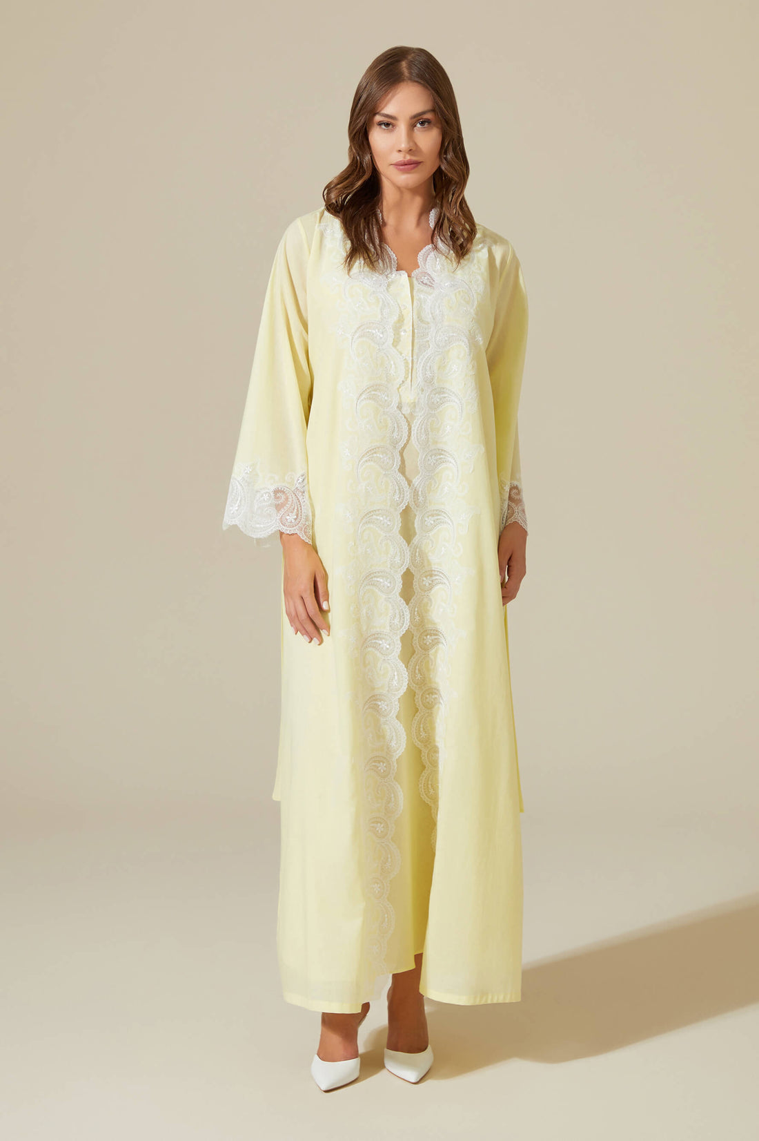 Grace - Trimmed Cotton Voile Long Sleeve Robe Set - Baby Yellow