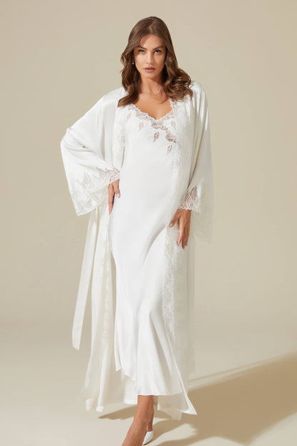 Lerna Long Rayon Robe Set with Long Nightgown - White on White