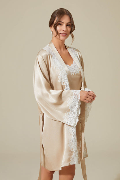 Vela Short Rayon Robe Set with Short Inner Nightgown- Off White on Beige