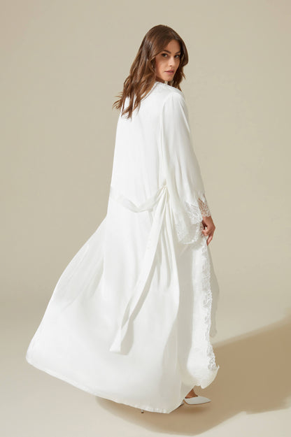 Miss Lerna Long Rayon  Robe Set with Short Inner Nightgown - White on White