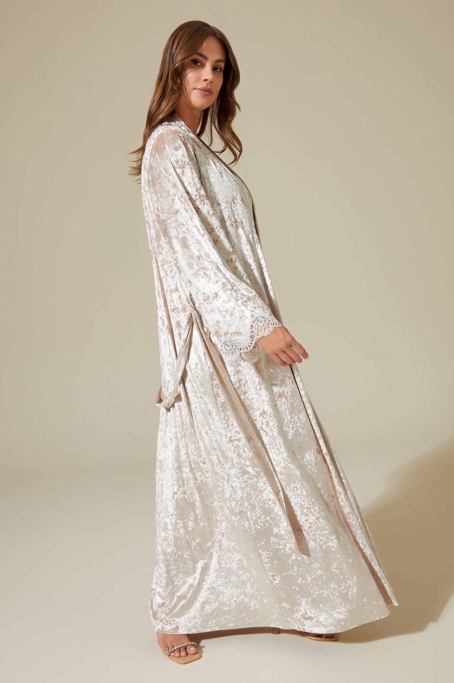 Rana Long Velvet Robe Set with Combed Cotton Inner Nightgown - Off White on Beige