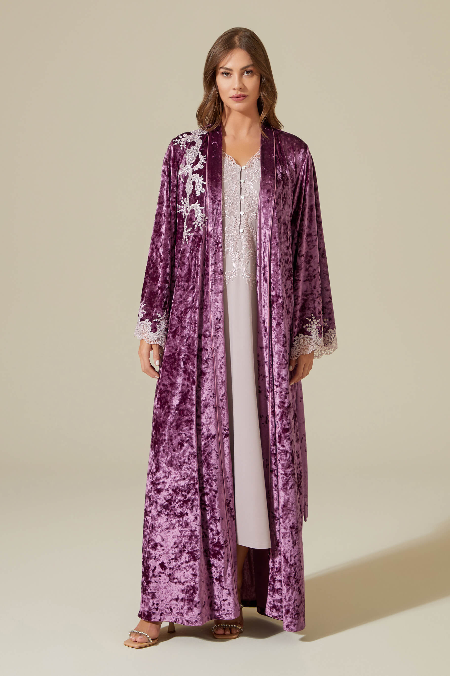 Rana Long Velvet Robe Set with Combed Cotton Inner Nightgown - Powder on Plum