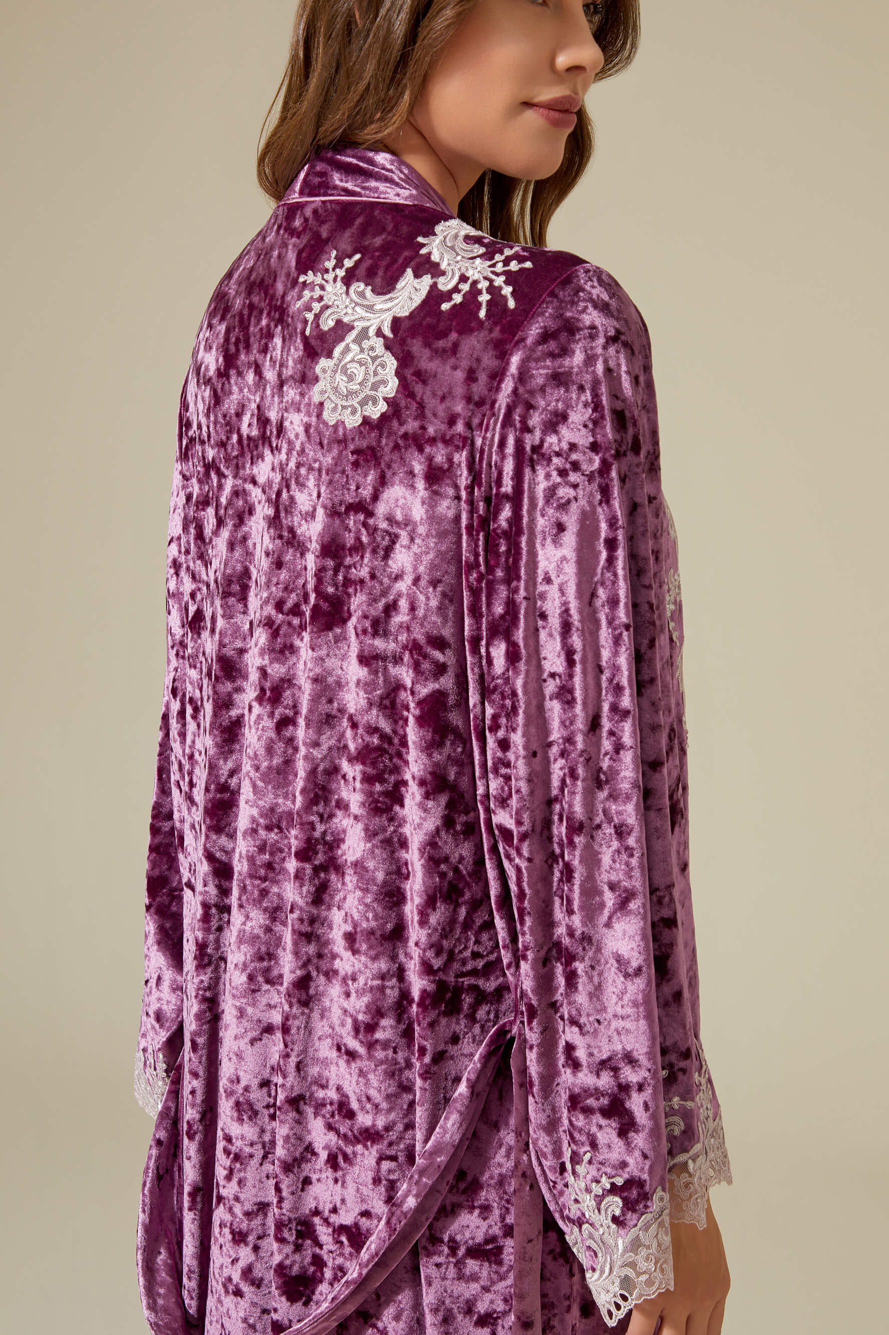 Rana Long Velvet Robe Set with Combed Cotton Inner Nightgown - Powder on Plum