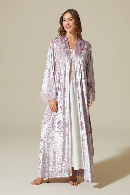 Rana Long Velvet Robe Set with Combed Cotton Inner Nightgown - Powder on Powder