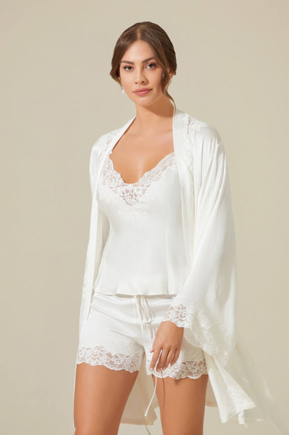 Nova Short Rayon Robe Set with Cami and Short Set - Off White on Off White