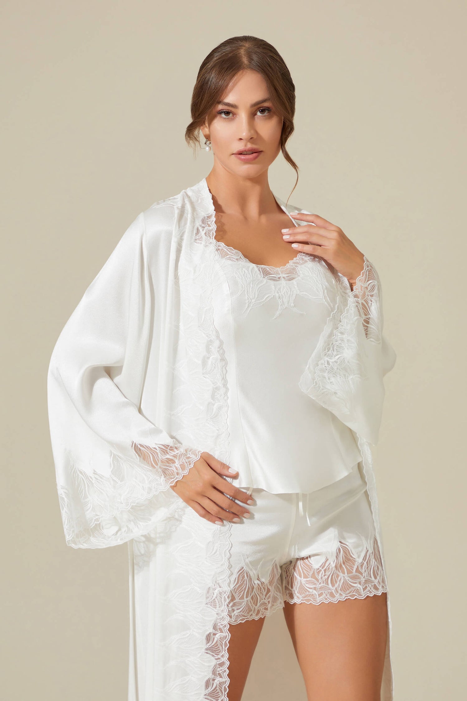Lerna Long Rayon Robe Set with Cami and Short Set - White on White