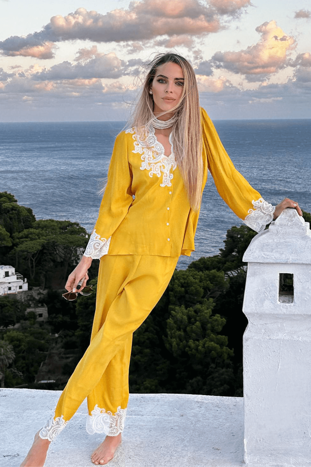Anemone Trimmed Rayon Full Buttoned Long Sleeve Pyjama Set - Yellow