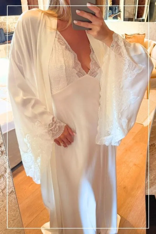 Elegant bridal nightwear set featuring satin robe and lace gown perfect for wedding night and honeymoon