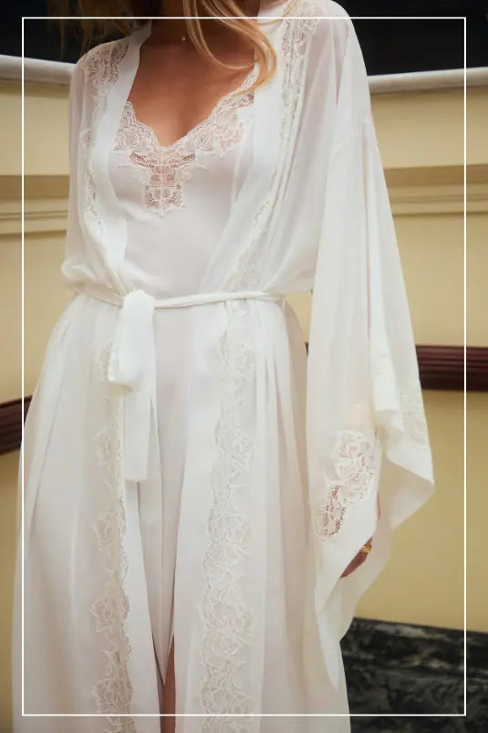 Elegant bridal nightwear set featuring satin robe and lace gown perfect for wedding night and honeymoon