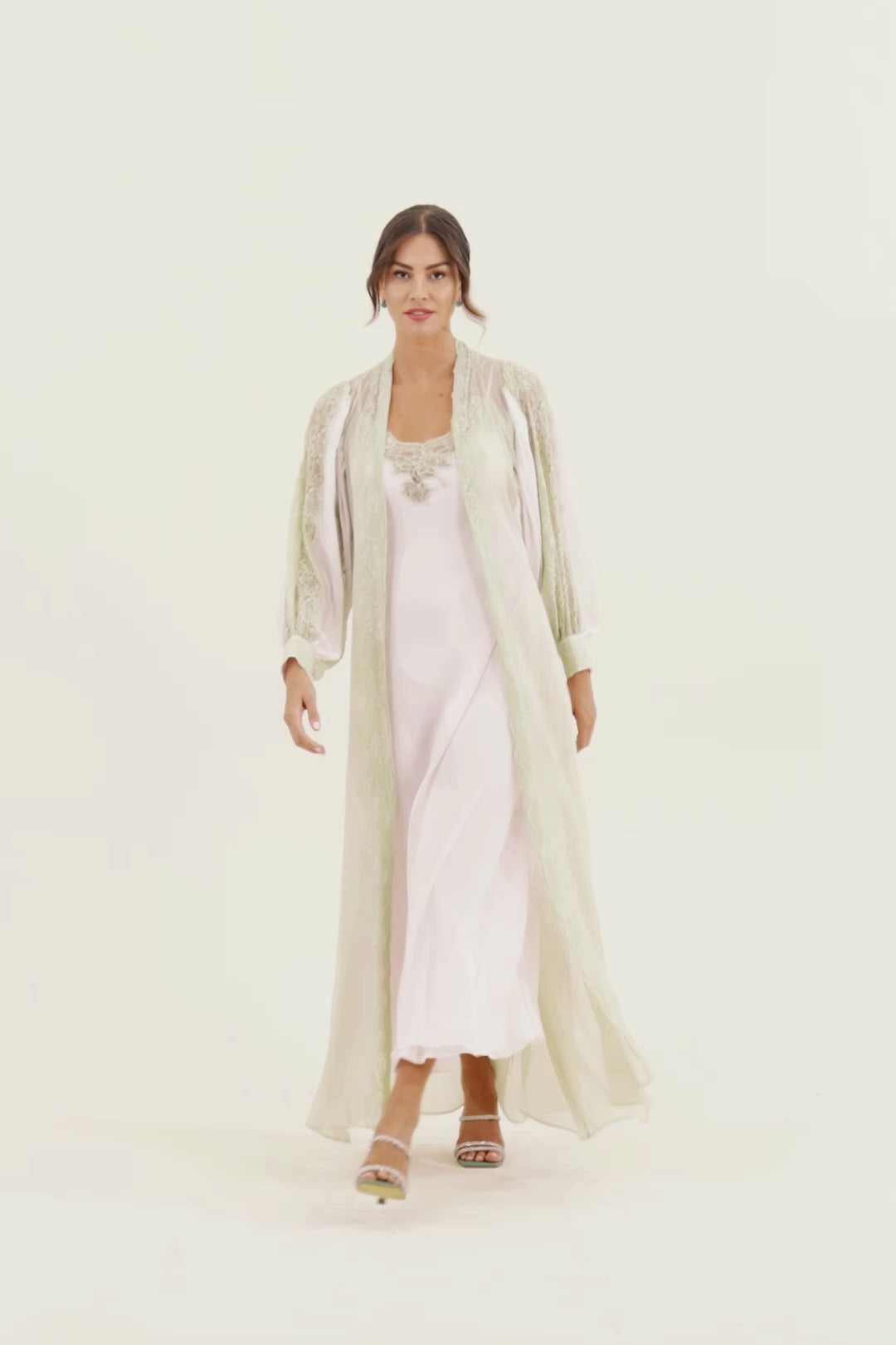 Carina Long Silk Chiffon Robe Set - Sage Green Lace on Light Pink
