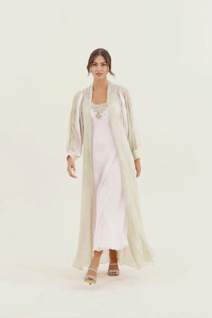 Carina Long Silk Chiffon Robe Set - Sage Green Lace on Light Pink