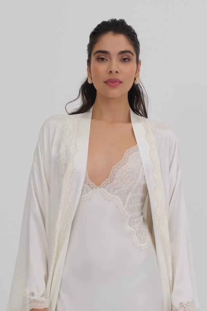 Model Wore Sera Silky Rayon Robe Set Off White in this Video
