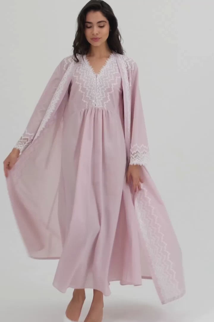 in this video model wore yasmine cotton nightgown powder