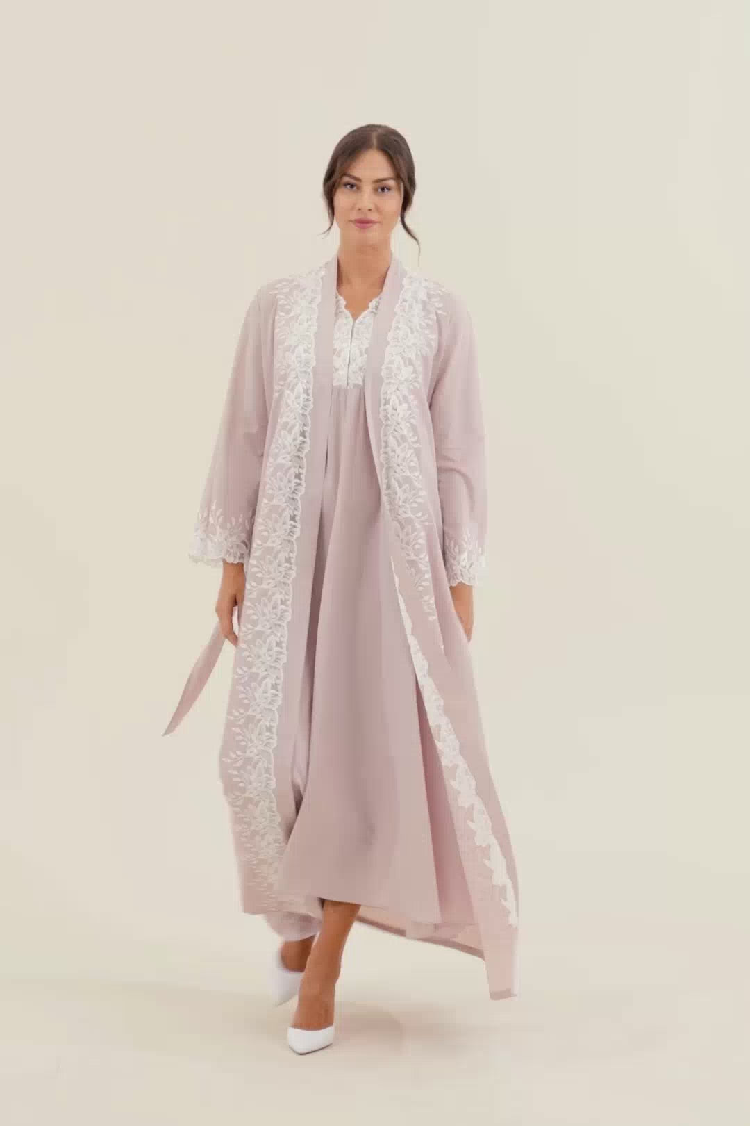Maia - Trimmed Cotton Voile Long Sleeve Robe Set - Powder