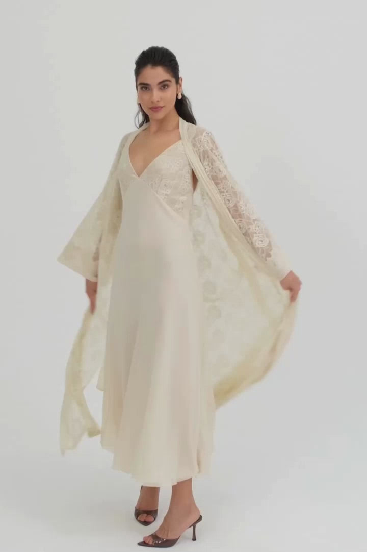 Model Wore Lumi Silky Chiffon Robe Set Honey 