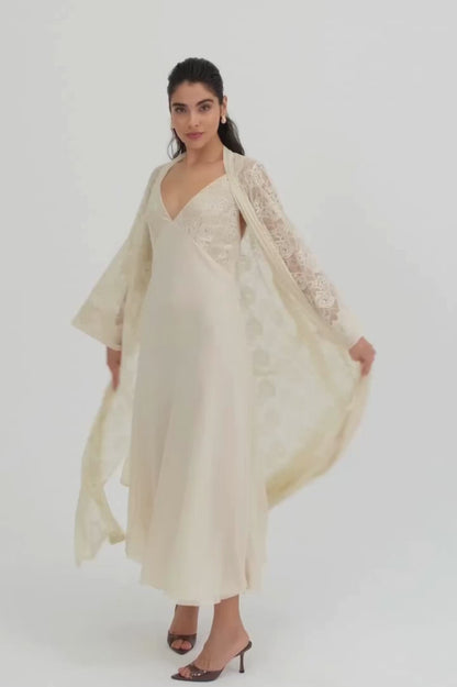 Model Wore Lumi Silky Chiffon Robe Set Honey 