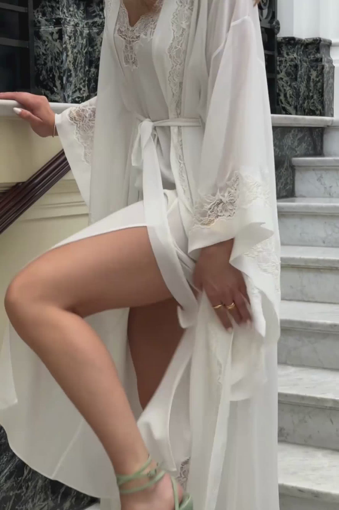 Sheila Long Silky Chiffon Robe Set with Off White Lace on Off White