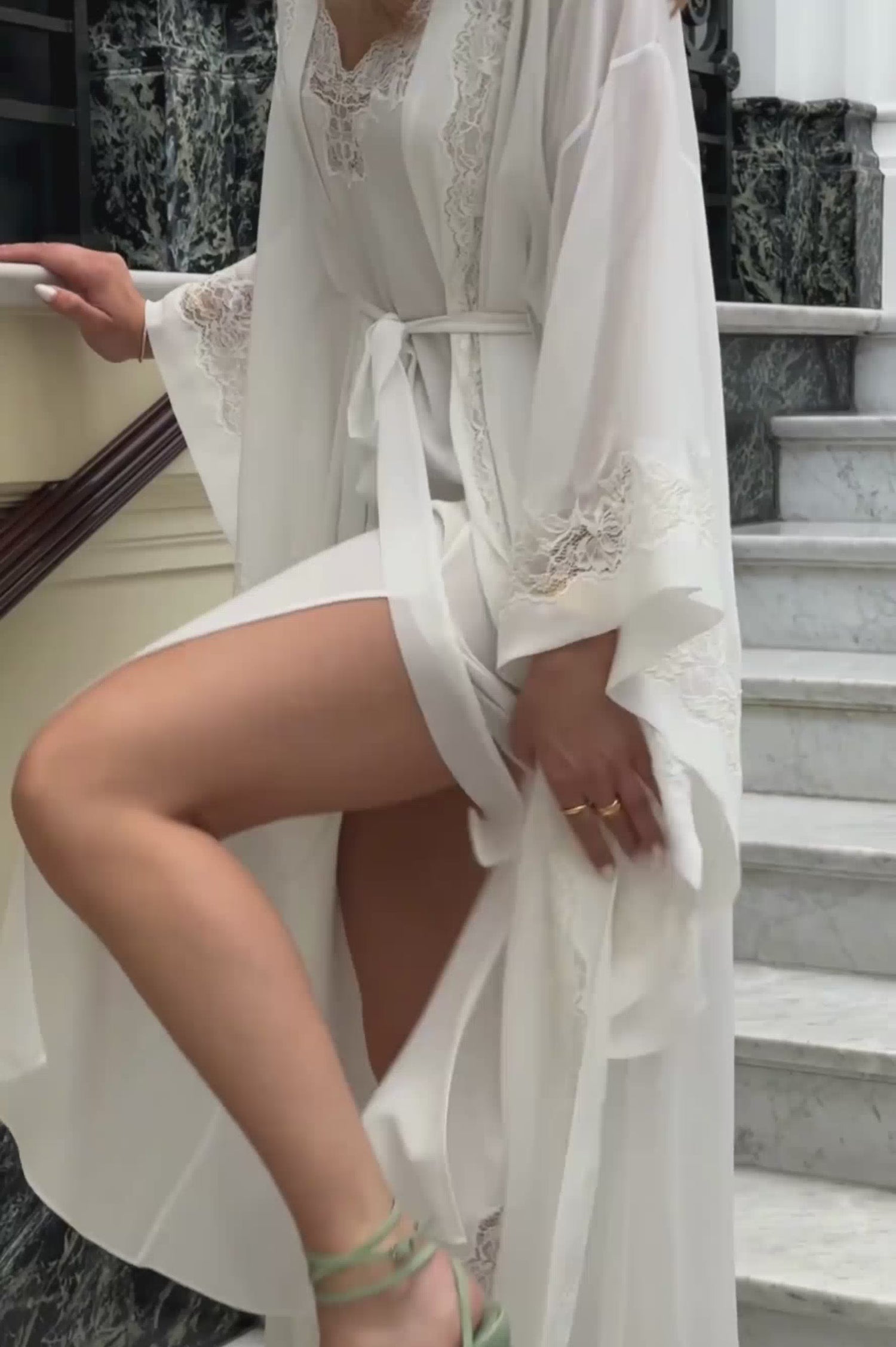 Sheila Long Silky Chiffon Robe Set with Off White Lace on Off White