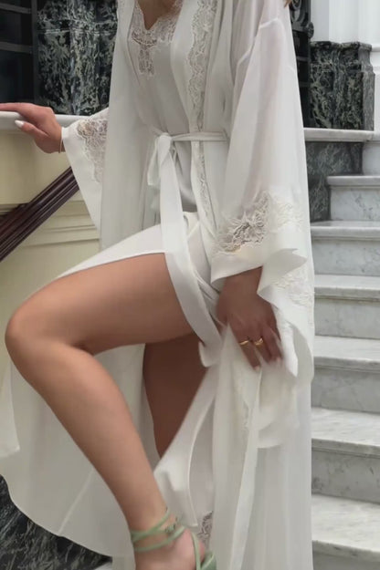 Sheila Long Silky Chiffon Robe Set with Off White Lace on Off White