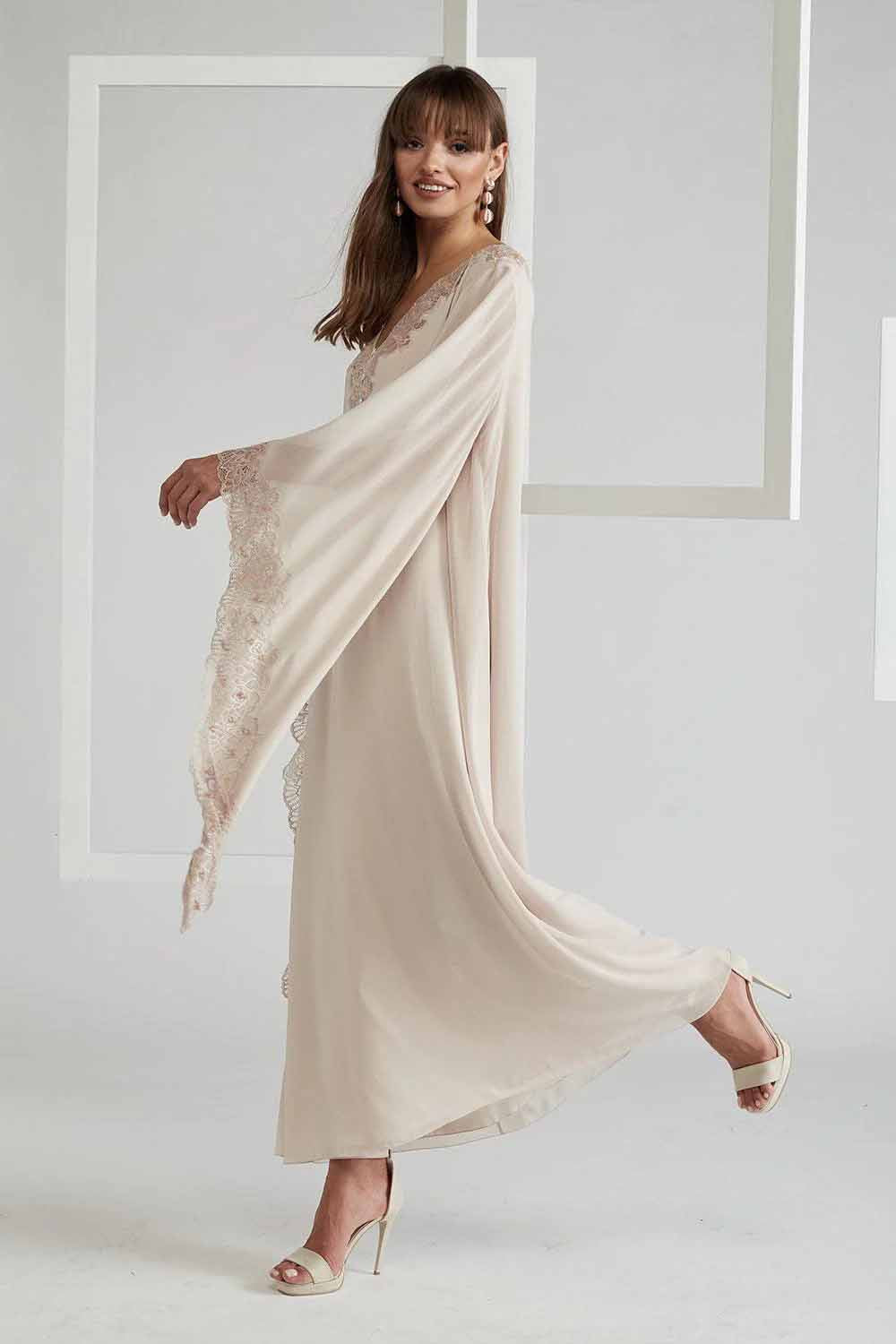 Silky Chiffon Dress Triangular Sleeve Beige - Nude