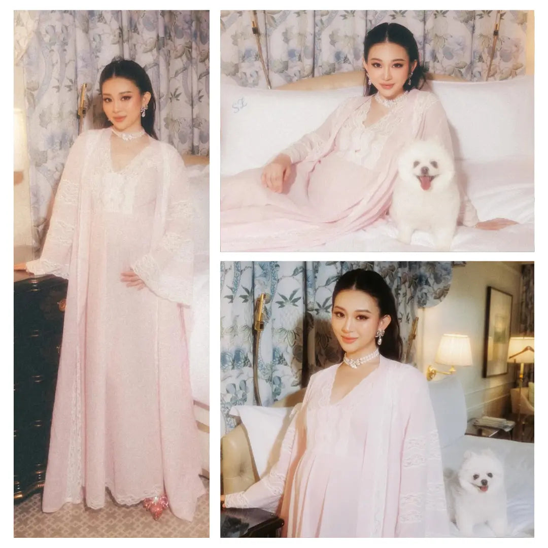 Collage of a woman in elegant maternity wear with a dog in a decorated room.