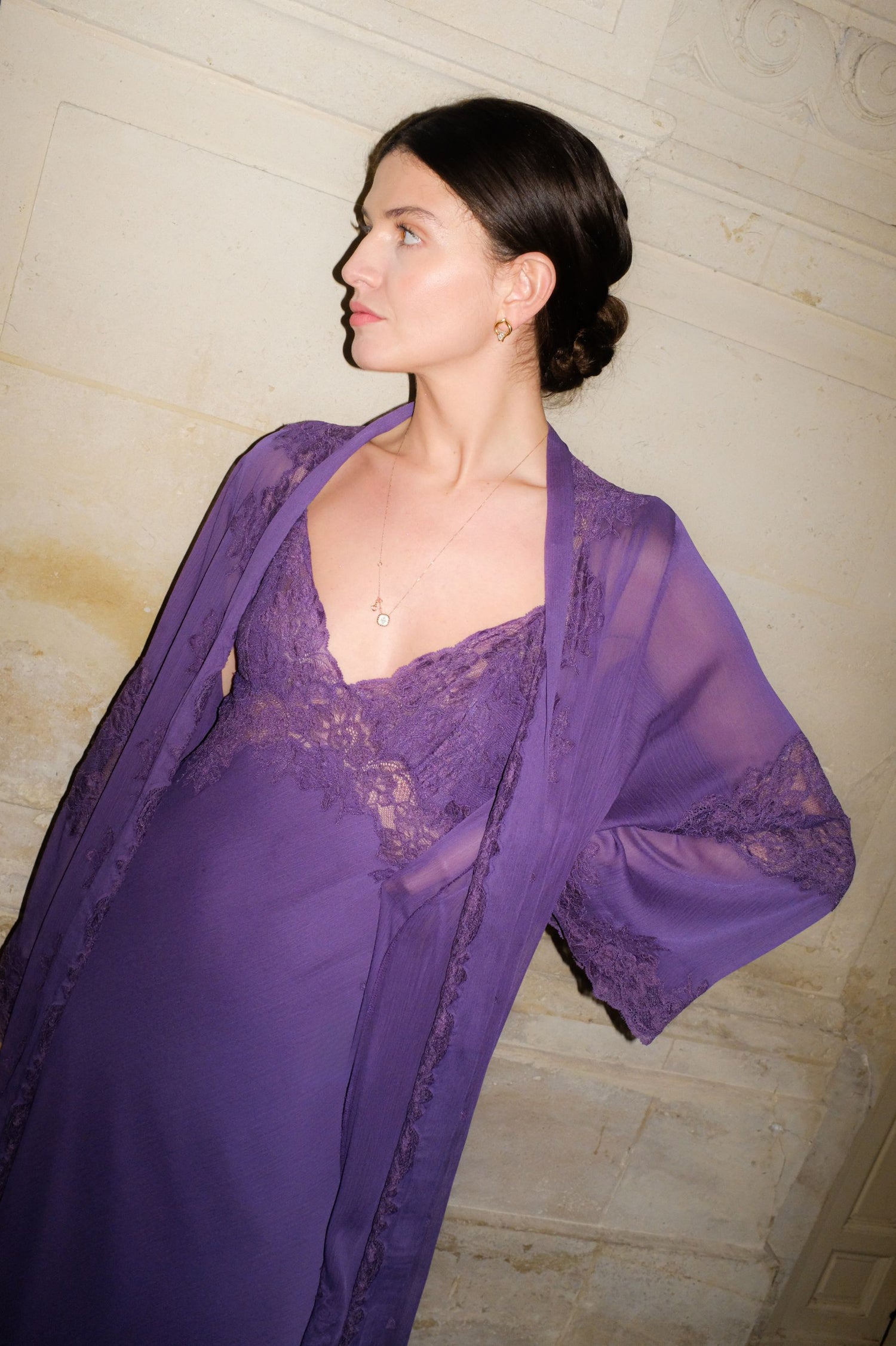 Camilla - Trimmed Long Silky Chiffon Robe Set with Matching Inner Nightie - Dark Violet