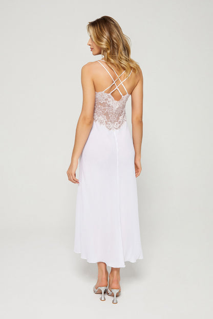 Fearne - Long Envelope Silk Nightgown - Baby Pink Lace on White